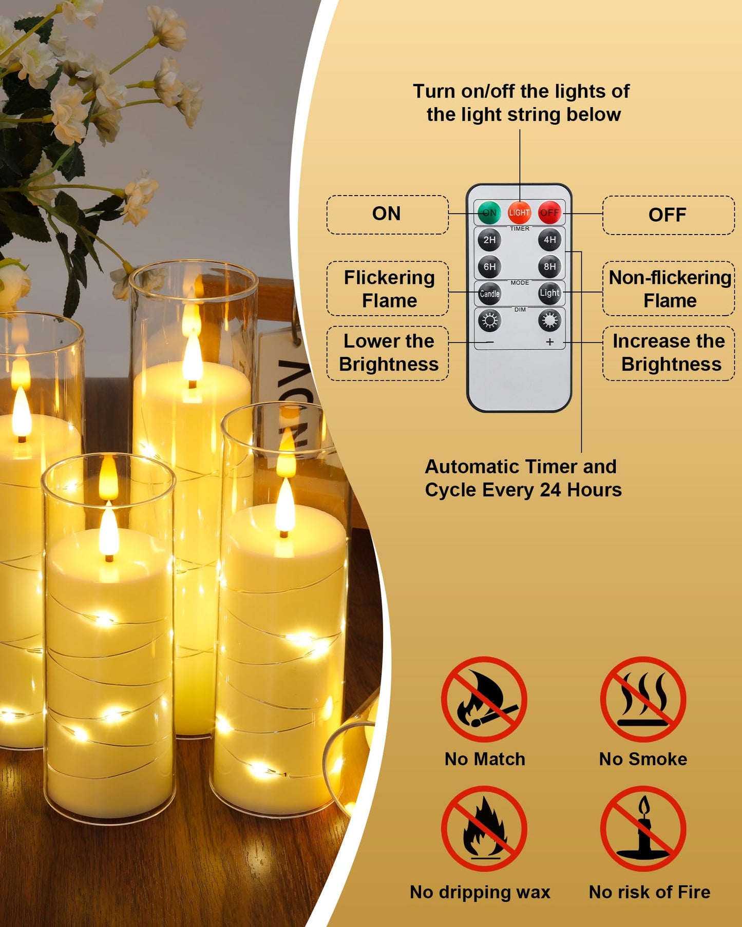 Enido 10 Pc Flameless LED Candles with Remote & Timer, Flickering with Embedded Star String for Cozy Home Decor Holiday Romantic Battery Operated Acrylic Pillar Set (Clear)