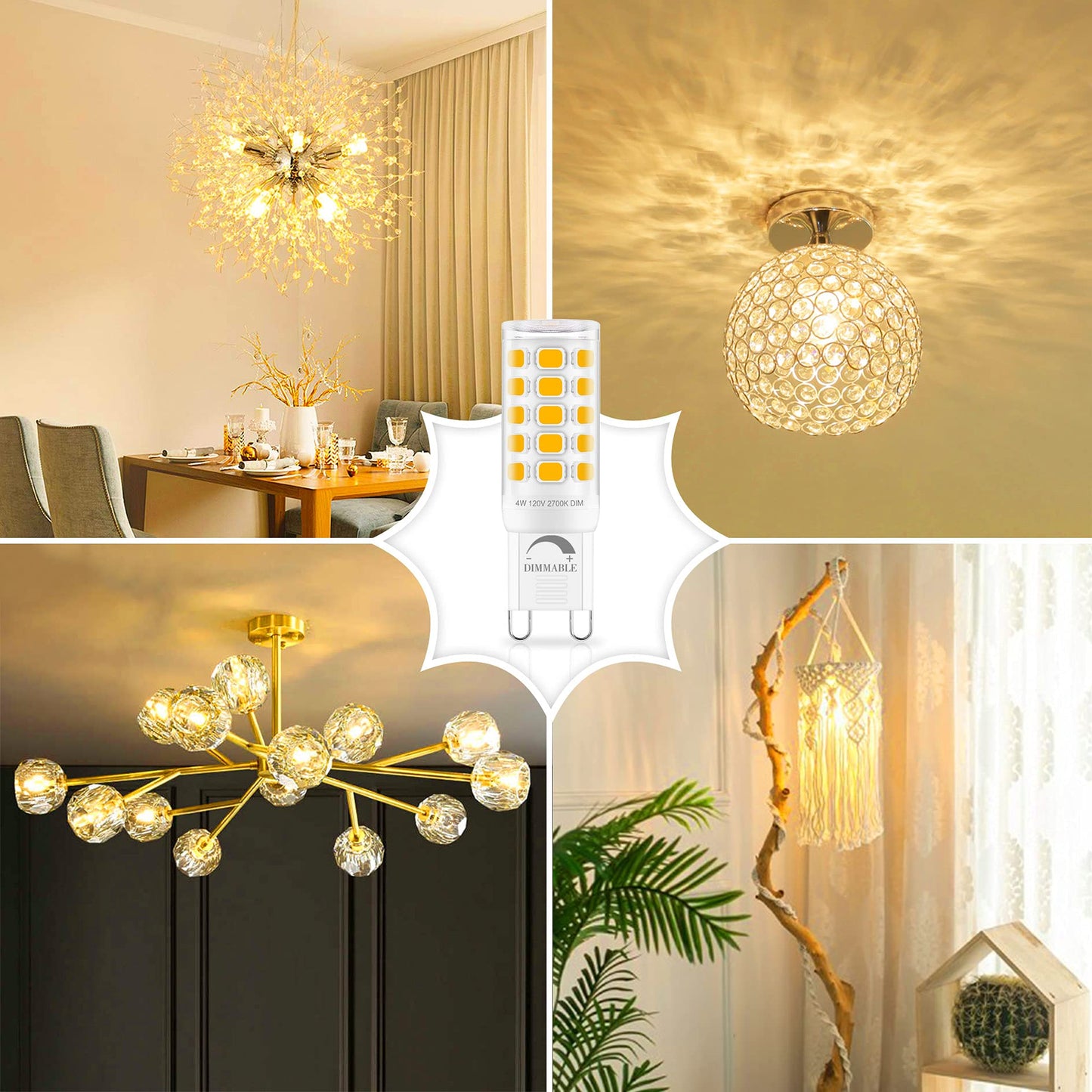 Sailstar G9 LED Bulb Dimmable 2700K Soft Warm White 6 Pack, T4 G9 4W Replacement for 40 Watts Halogen, Ceramic Bi Pin Base, 120V 400 Lumen 360°Beam Angle, G9 Light Bulbs for Chandelier