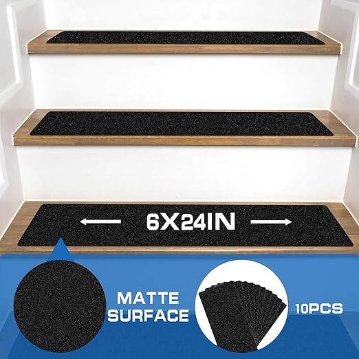 LadyRosian Outdoor Stair Treads Non Slip 10-Pack Black 6" x 24" - Weather Resistant Adhesive Heavy Grip Tape - Waterproof Anti Skid Strips
