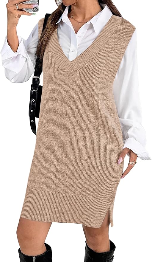 Zeagoo Women's V Neck Sweater Vest Dress Oversized Sleeveless Casual Pullover Sweater Fall Winter Knit Slit Short Dress