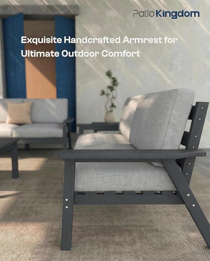Patio Kingdom Patio Furniture Set with Washable Thick Gray Cushions, HDPE Outdoor Couch, All-Weather Outdoor Sectional Furniture, Patio Conversation Sets for Lawn, Garden, Porch (Grey Frame)