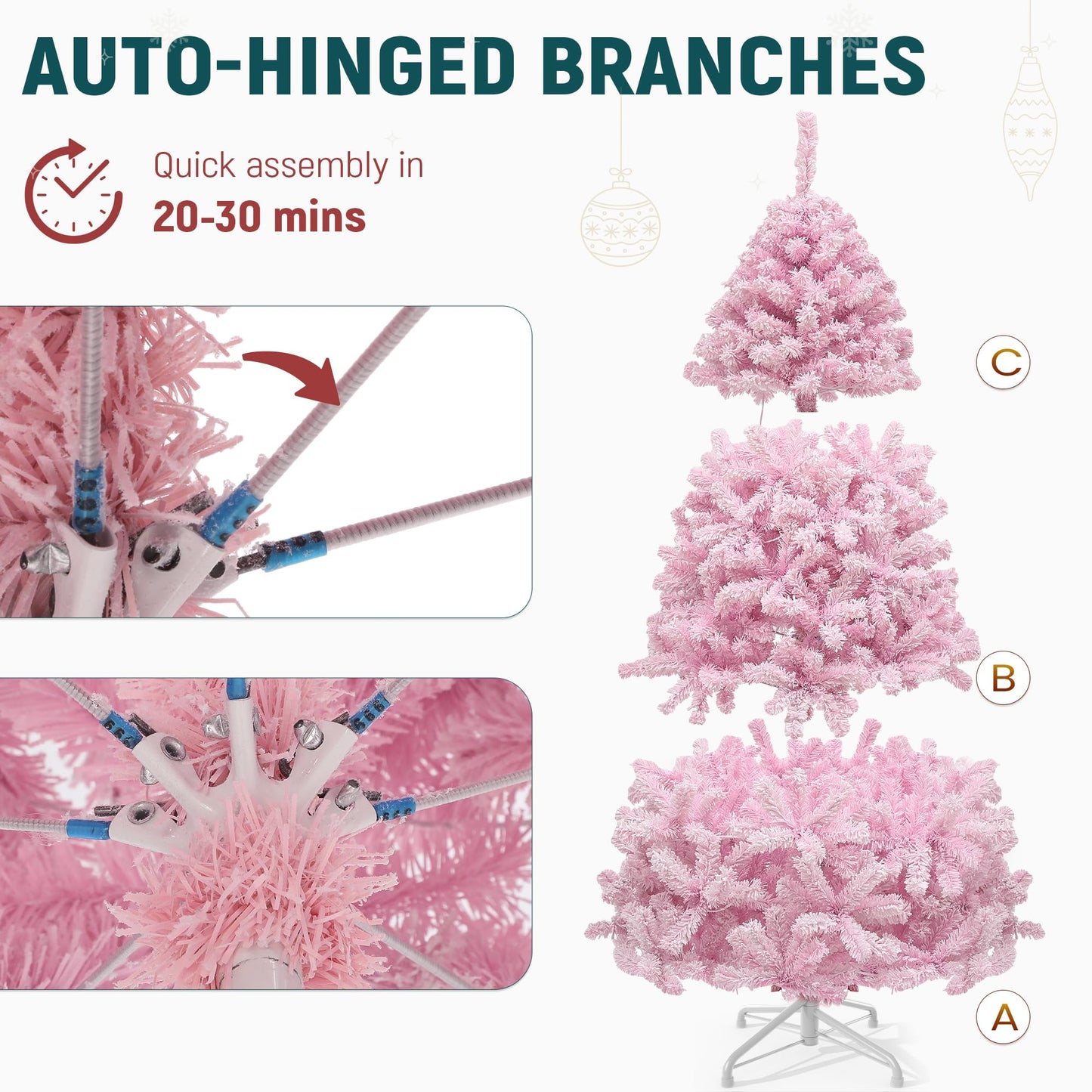 YITAHOME 6 FT Prelit Pink Flocked Spruce Artificial Christmas Tree, Pre-Lit Pink Christmas Tree with 928 PVC Tips and 250 Warm-White Lights for Home, Office Decoration