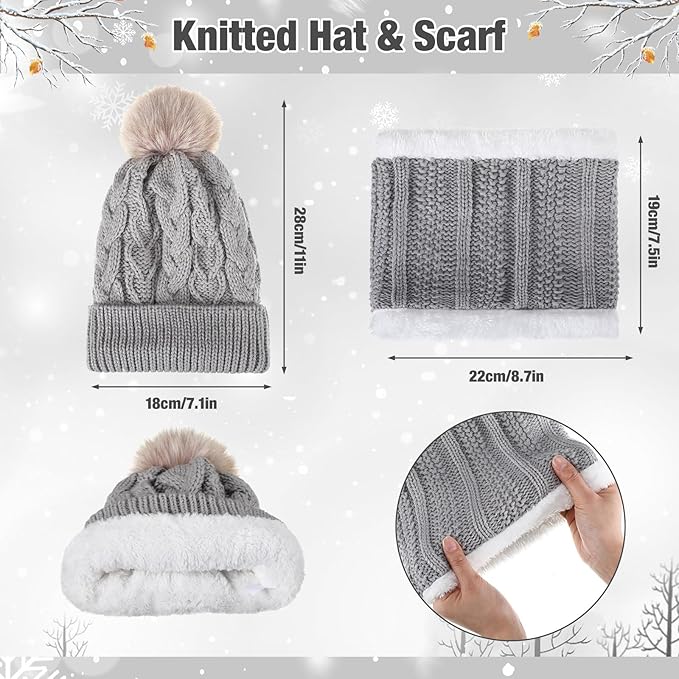 SATINIOR 5 Pcs Winter Hat Scarf Gloves Set Fleece Warm Lined Knit Beanie Hat Touch Screen Earmuff Gloves Warmer for Women(Gray,Vivid Style)