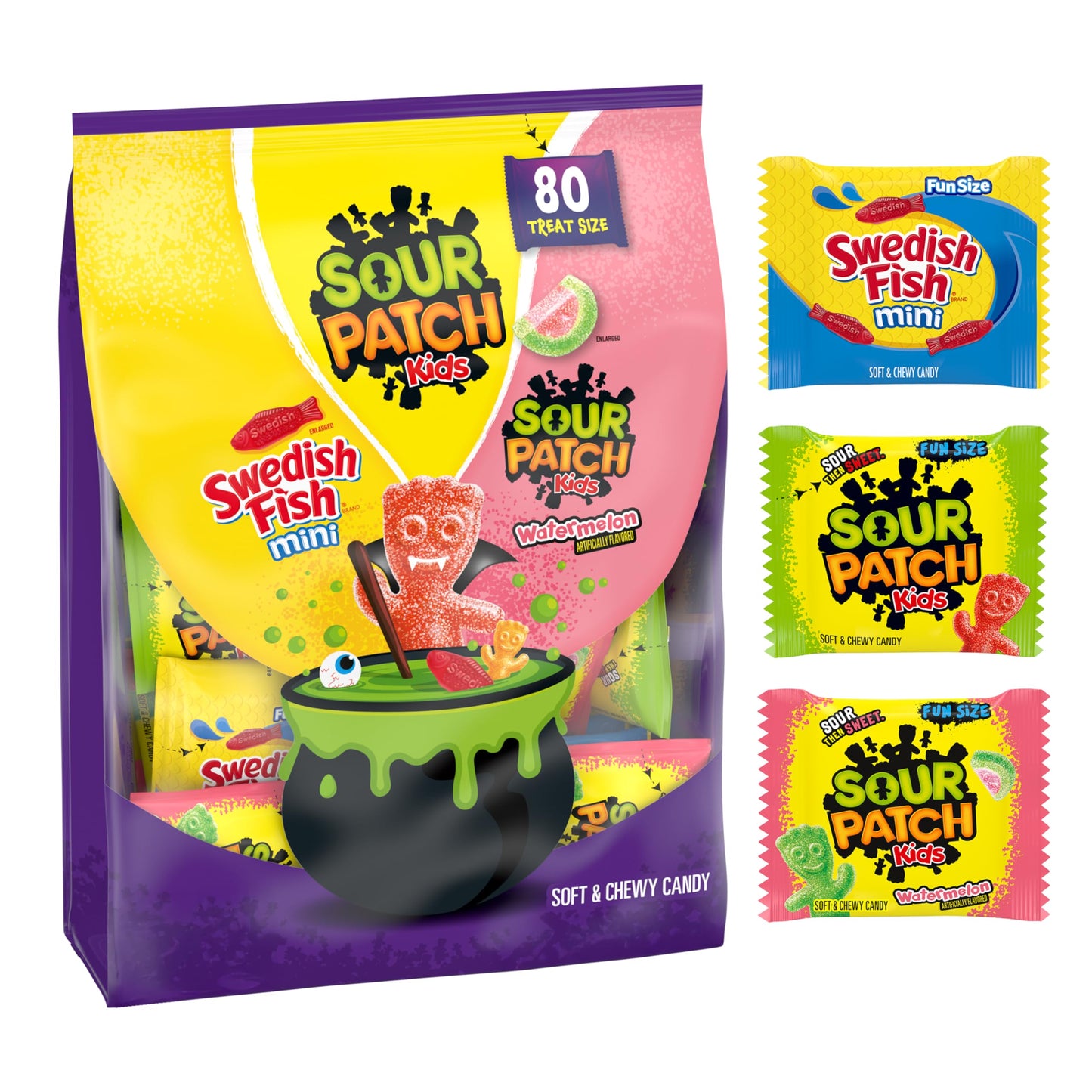 SOUR PATCH KIDS and SWEDISH FISH Mini Soft & Chewy Halloween Candy Variety Pack, Bulk Candy, 80 Trick or Treat Bags