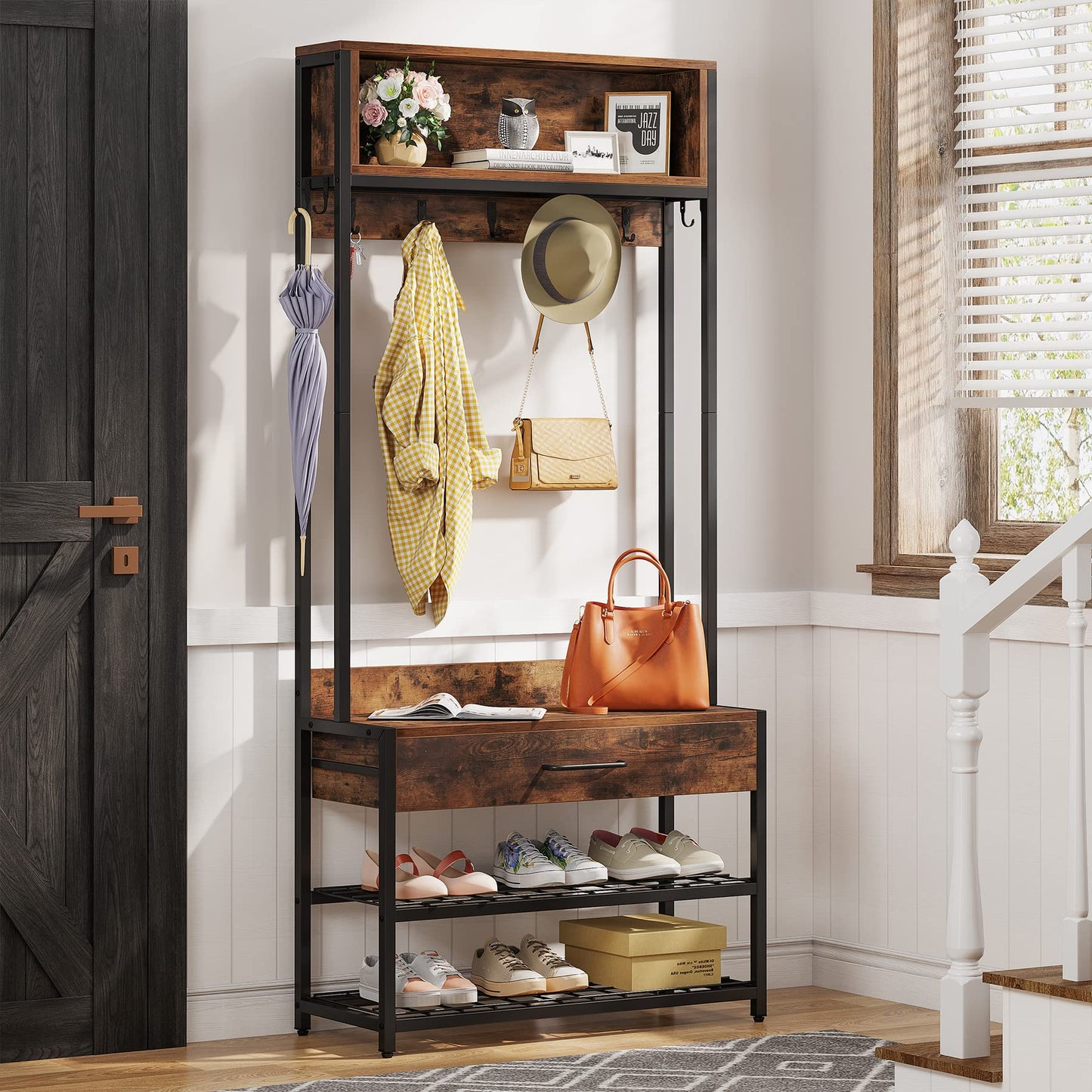 Tribesigns 3-in-1 Entryway Hall Tree with Drawer, Vintage Industrial Coat Rack with Shoe Bench and Hutch, Mudroom Bench with Shoe Storage Rack and 9 Hooks for Living Room Bedroom (Brown)