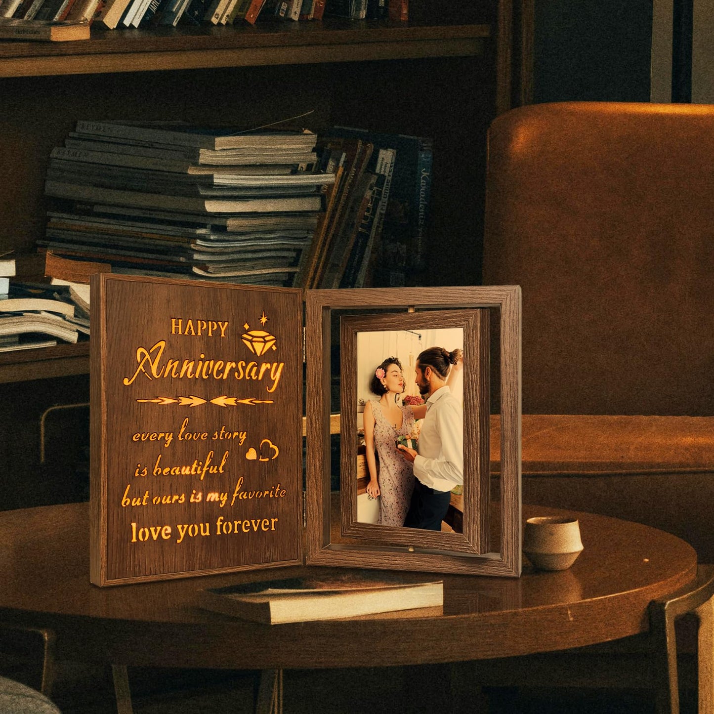 EYITUPC Light Up Anniversary Picture Frame Gifts for Women Men, Vintage Brown Rotating Wooden Glowing Photo Frame, Wedding Anniversary Frame Gifts for Her Him Wife Husband Couple - Holds 2 4x6 Photos