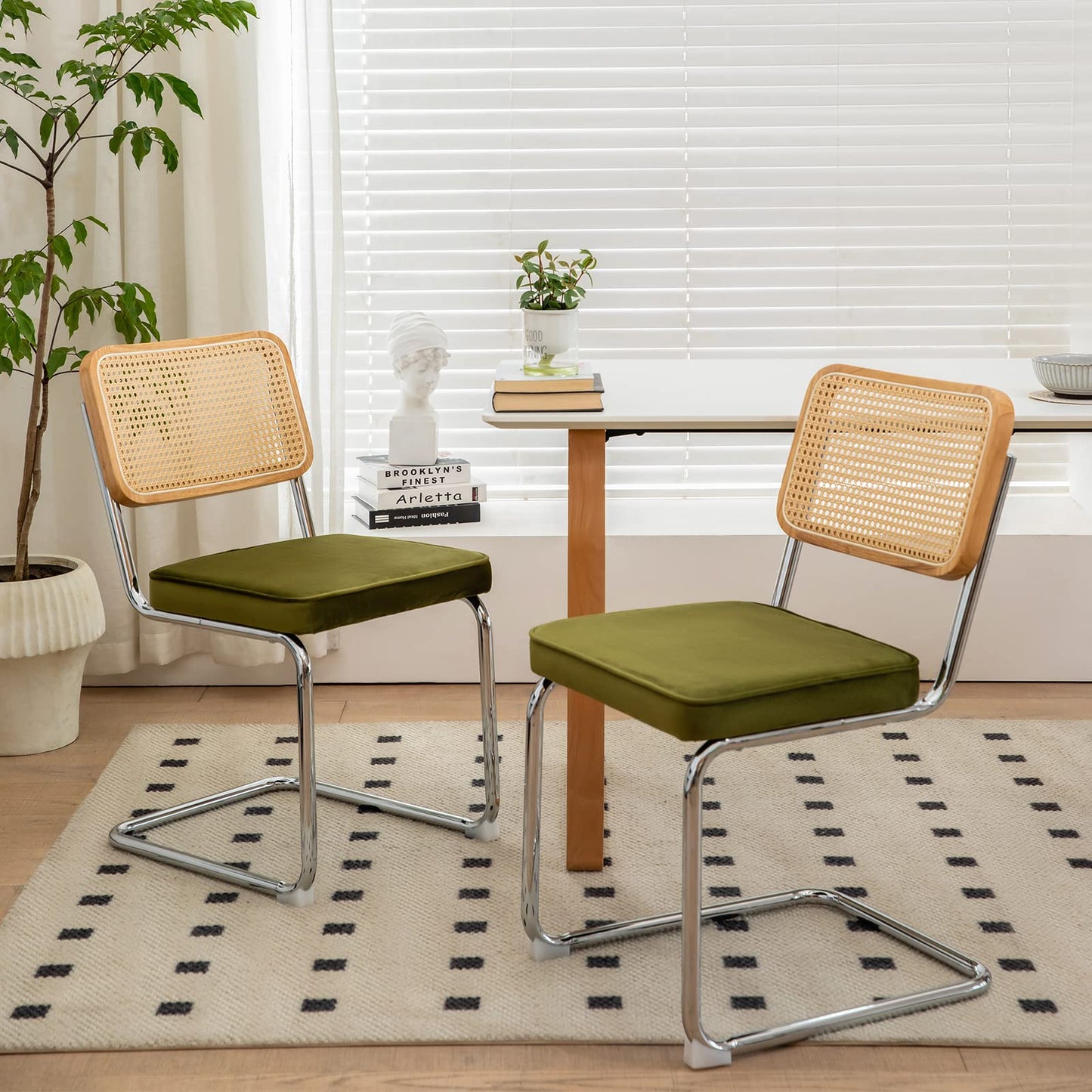 HAZO Rattan Dining Chairs Set of 2,Green Velvet Accent Chairs with Woven Cane Back & Stainless Chrome Base, Modern Mid Century Designed Chairs, Upholstered Dining Room Kitchen Chairs(Green Velvet)