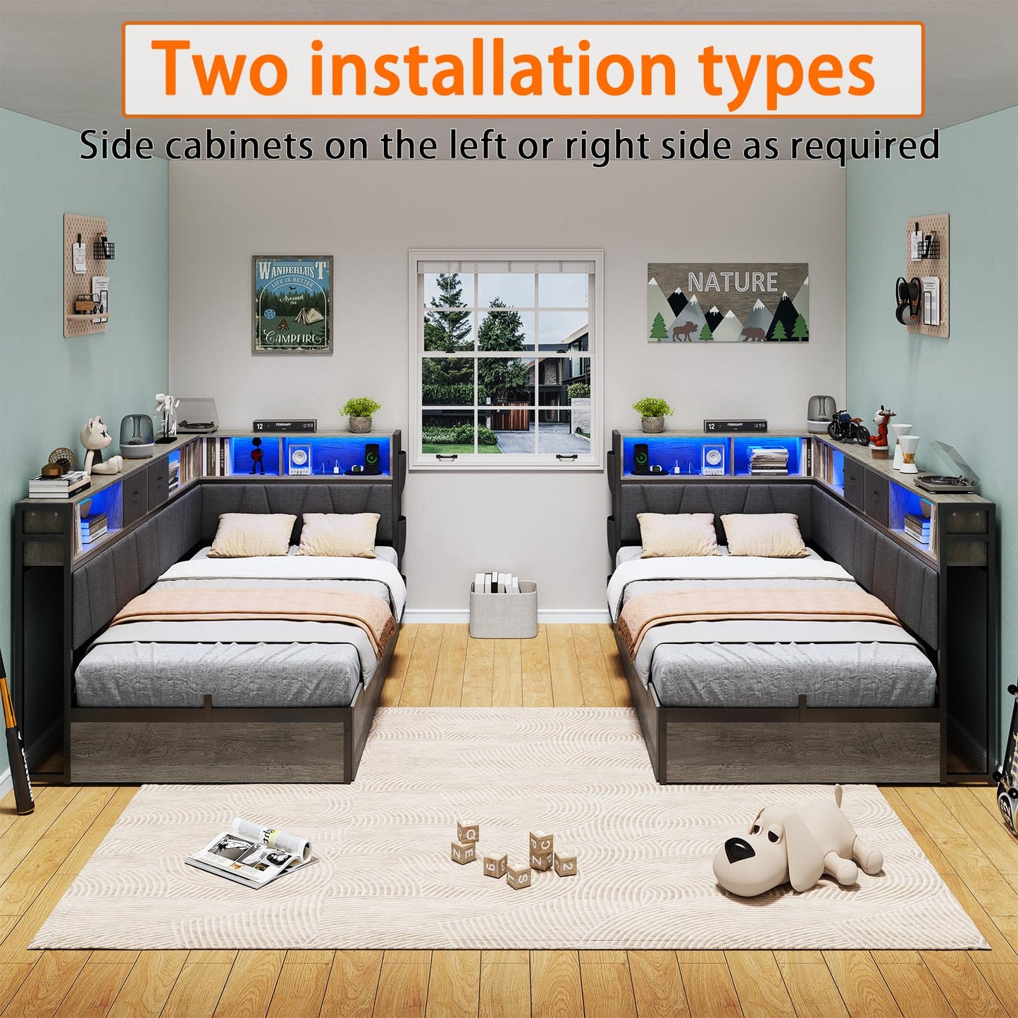 Twin XL Corner Bed Frame with Storage Bookcase, Kids Bed Unit with Charging Station and LED Light, Twin XL Size Platform Beds with Storage and Charging Station, with 2 Underneath Drawers, Grey