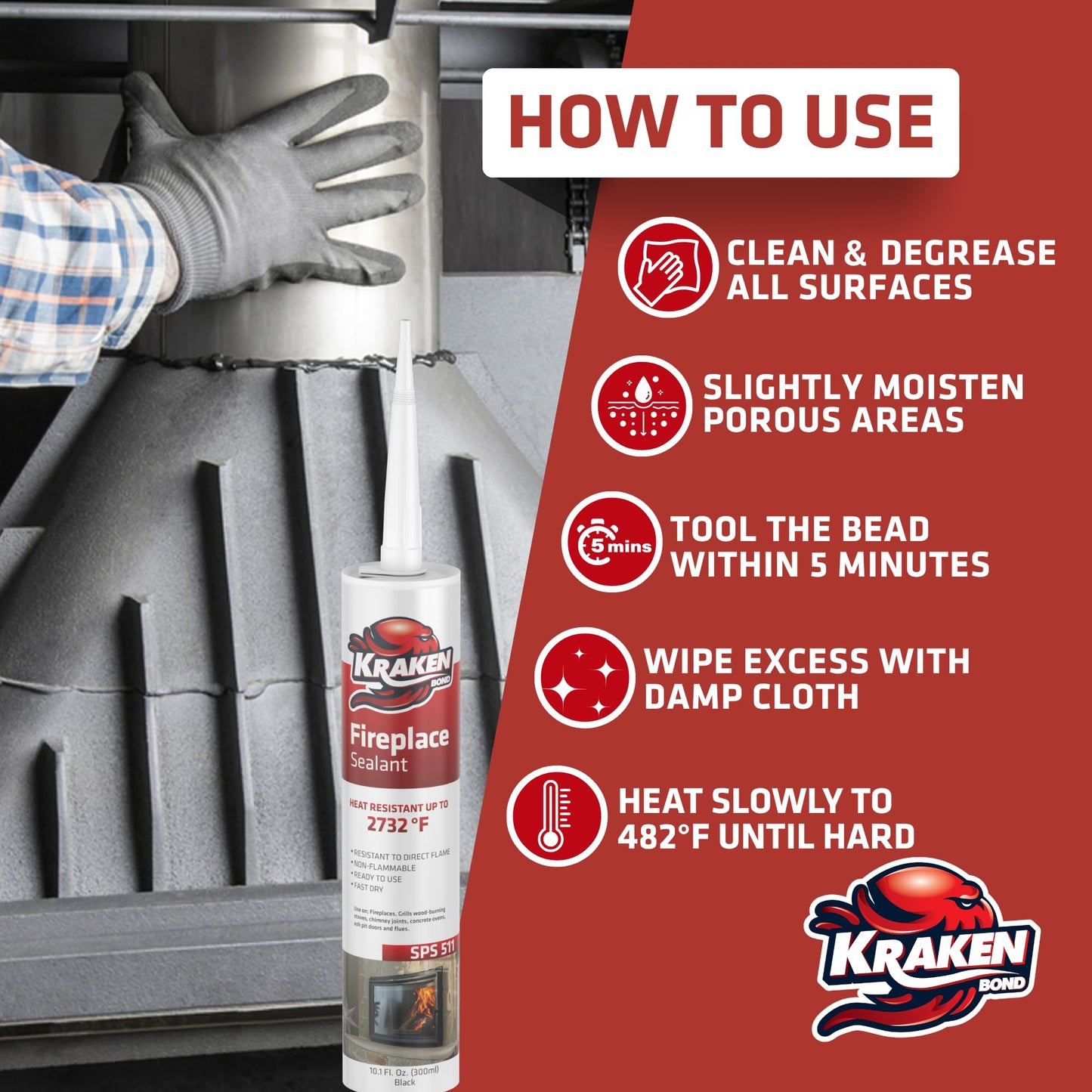 Kraken Bond High Temperature Black Fireplace Sealant 2732°F - (2x10.1oz.) Fire Resistance Up to 2732°F, High Temp Fire Caulk for Ovens, Stoves, Chimneys - Fast Dry, Paintable, Non-Flammable, 2 Pack