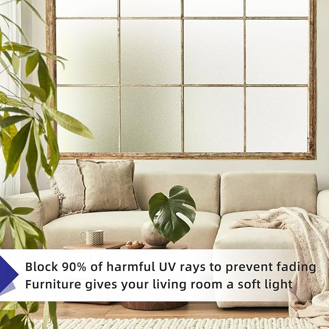 Frosted Window Privacy Film Non-Adhesive Static Cling Bathroom Decorative Stickers Heat Control UV Blocking Opaque Glass Window Coverings Film for Home Front Door Office 17.5 Inch X 6.5 Feet
