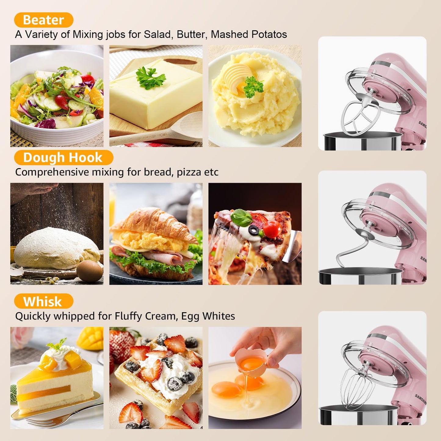 SAMSAIMO 3-IN-1 Electric Stand Mixer, 10-Speed With Pulse Button, Attachments include 6.5QT Bowl, Dough Hook, Beater, Whisk for Most Home Cooks, Sakura Pink
