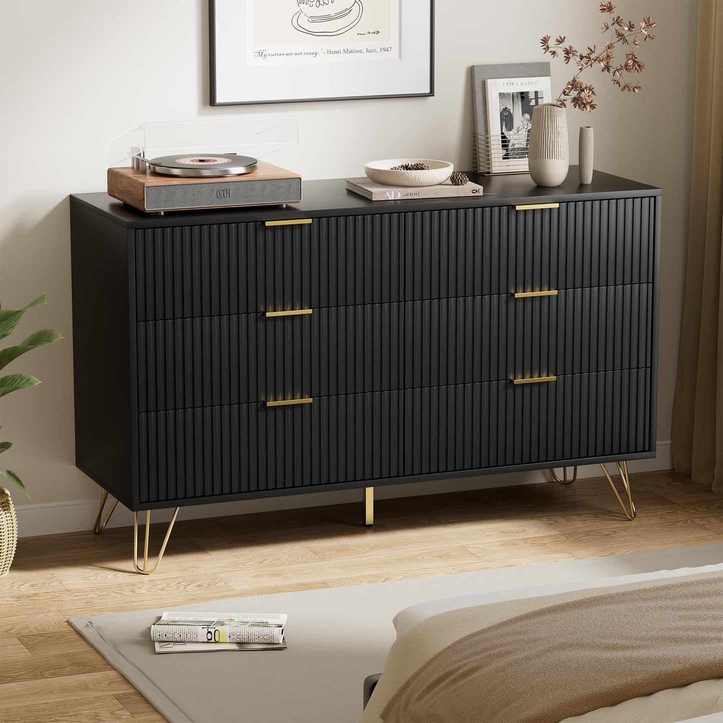 Furniway Black Dresser for Bedroom, Modern Dresser with Gold Metal Handles & Chests of Drawers for Bedroom, 15.7" D x 47.2" W x 29.5" H