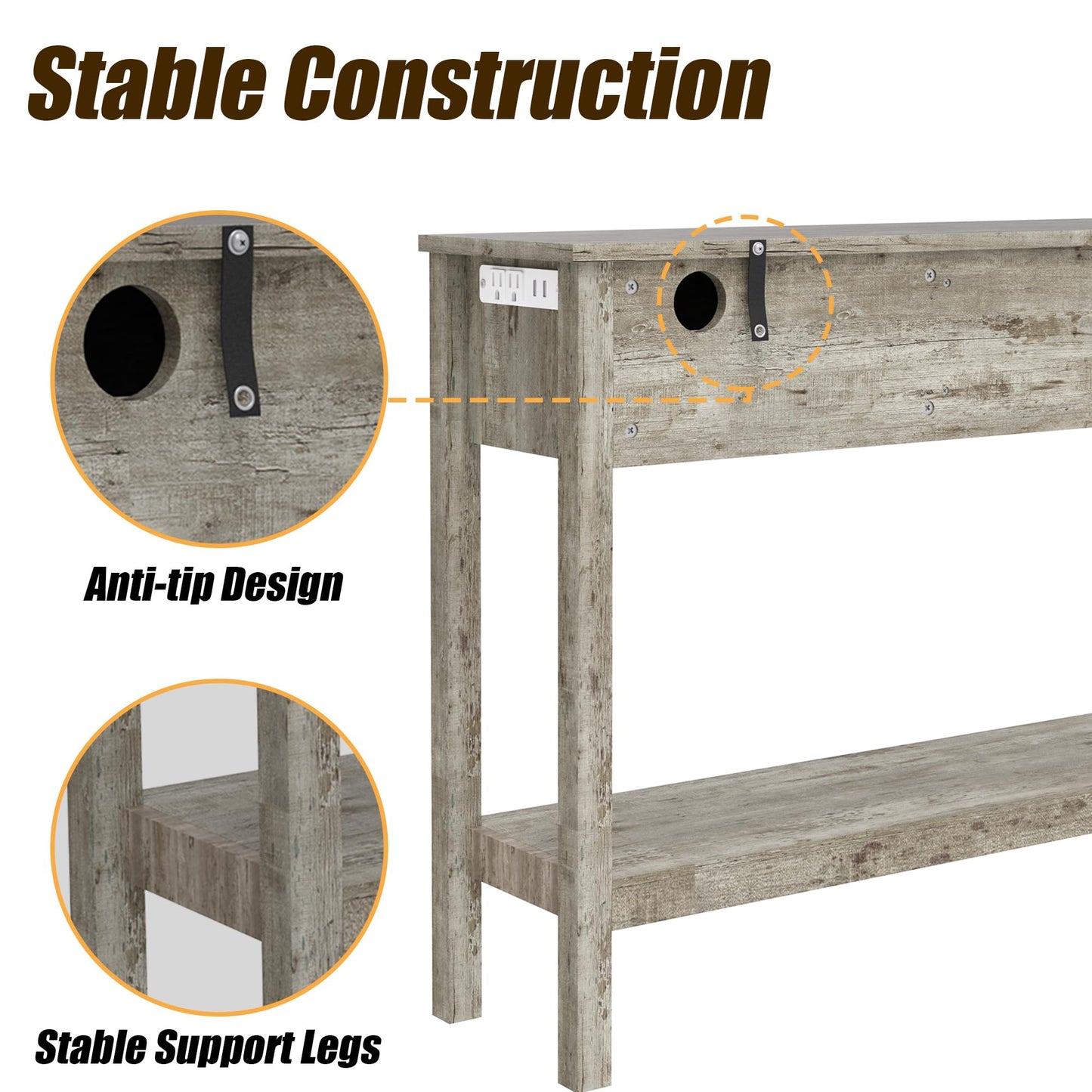 YOCONYO Entryway Table, Rattan Console Table with 3 Storage Drawers and Storage Shelf, Sofa Table with Socket, for Entryway, Living Room, Behind Couch and Hallway (Grey)