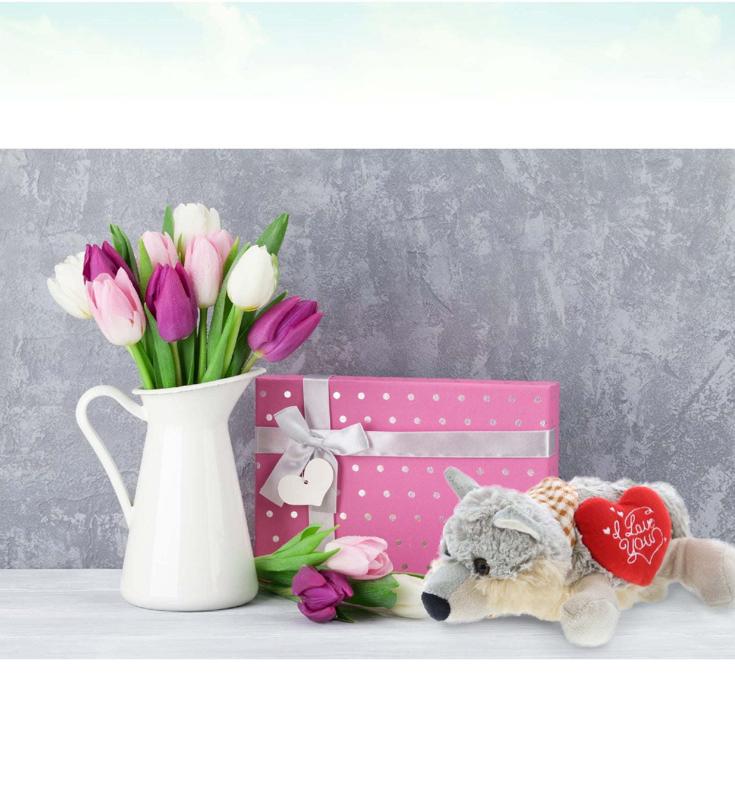 DolliBu I Love You Valentine Plush Lying Grey Wolf - Cute Stuffed Animal with Red Heart and Name Personalization Gift for Valentines Day, Birthday, Anniversary, Romantic Date - 9 Inches
