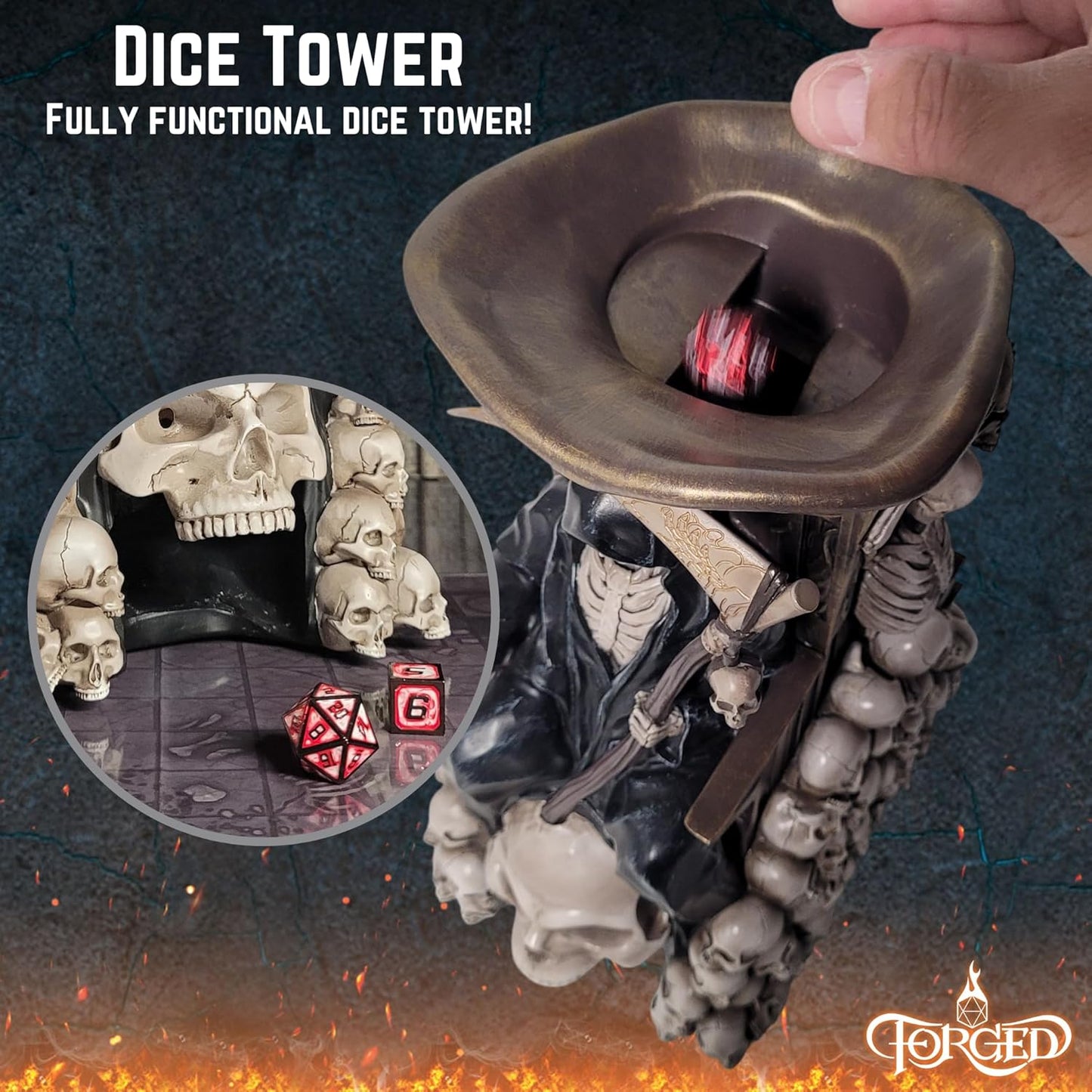 Forged Dice Co. Grim Bones Dice Tower with LED Skull Eyes - Hand Painted Grim Reaper Throne - Dice Rolling Tower Compatible with DND Accessories