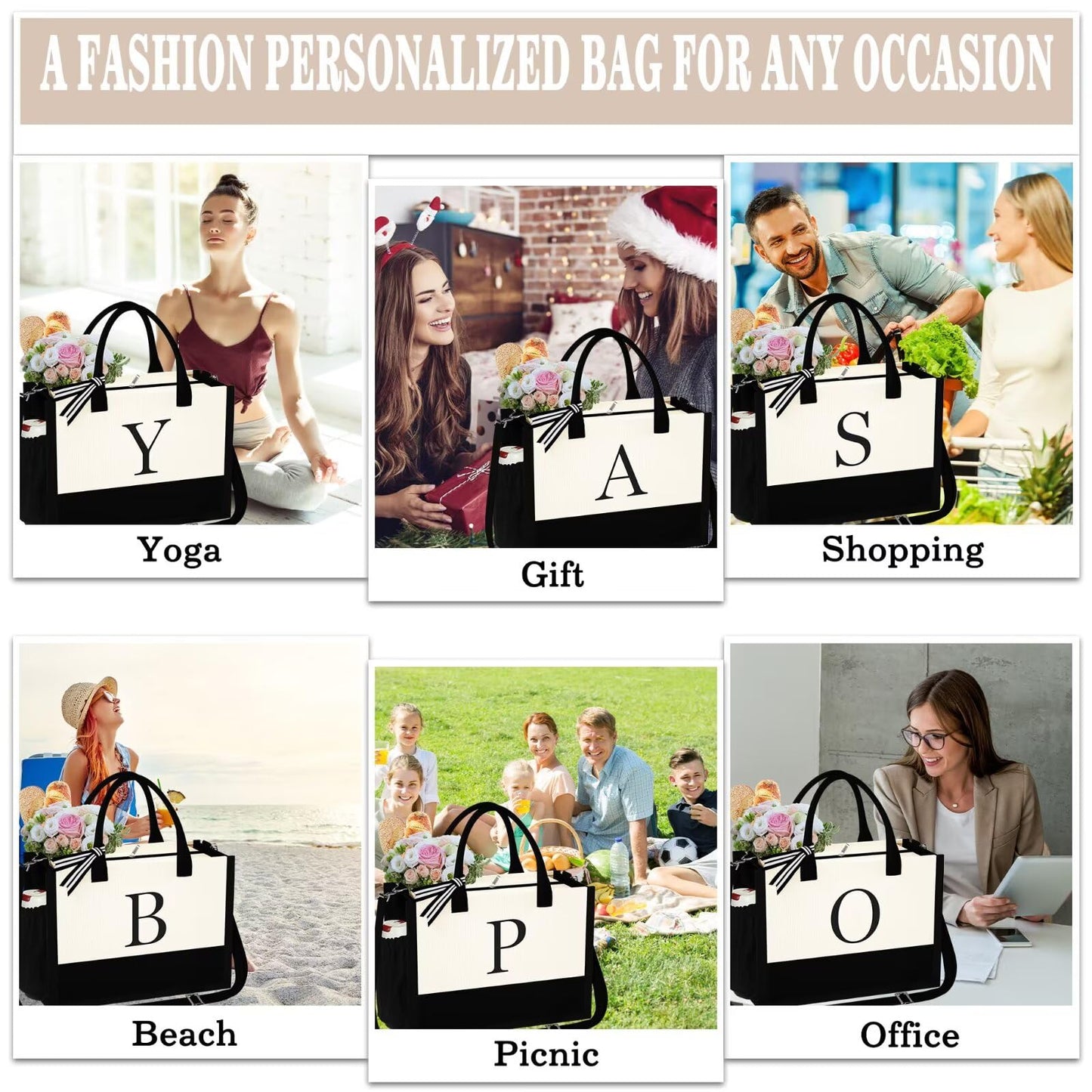 YOOLIFE Gifts for Women - Initial L Canvas Tote Bag & Makeup Bag, Birthday Gifts for Women Her Wife Mom Friend Teacher