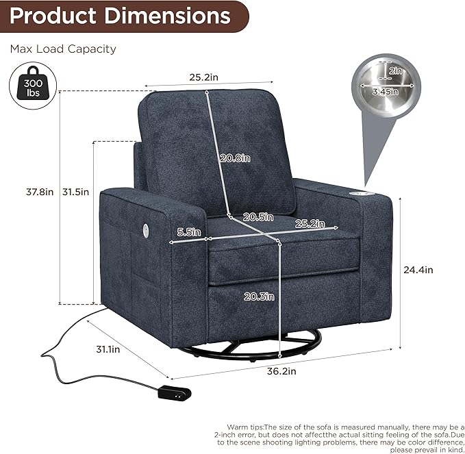 Swivel Square Accent Chair with Wide Armrests,360° Rotating Comfy Single Sofa Chairs with USB/Type-C,Cup Holder & Side Pocket,Modern Armchair for Living Room Bedroom Reading Lounge Nook,Blue | Swivel Accent Chair, with USB/Type-C, Cup Holder, Side Pocket