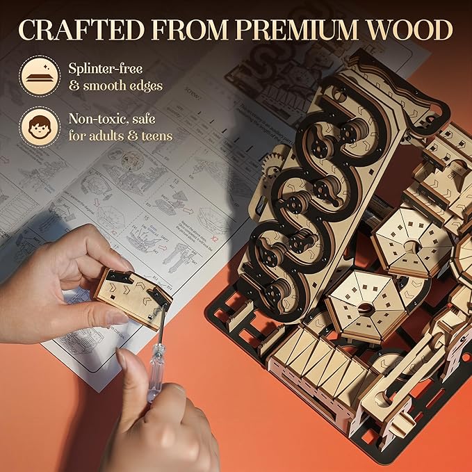Electric 3D Wooden Kinetic Art - Automated Rolling Ball Maze Building Kit for Adults & Teens. DIY Mechanical Puzzle, STEM Project, Zen Home Office Decor & Brain Teaser Gift