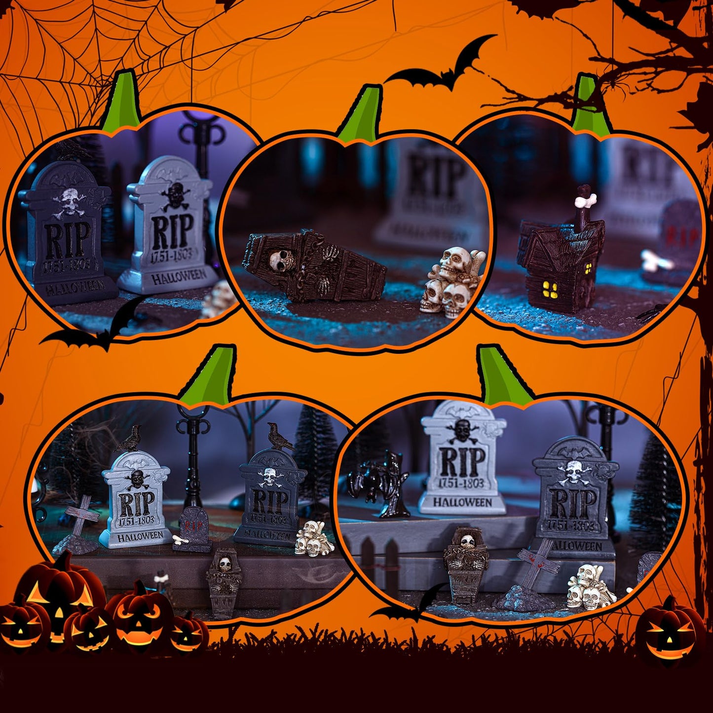 Zeyune 33 Pcs Halloween Village Accessories Set Miniature Halloween Figurines Bare Branches Bottle Brush Trees Tombstones Spiders Resin Horror Village Collections for Town Decorations