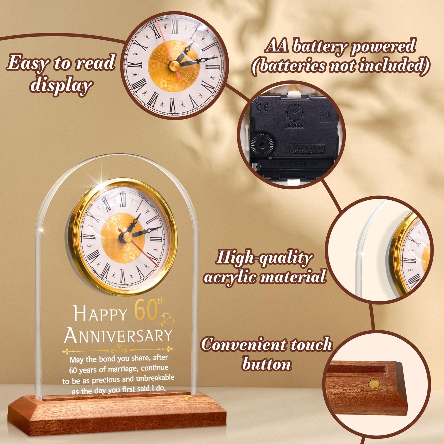 FULLOSUN 60th Anniversary Wedding Gift, Desk Table Clock, Anniversary Quartz Clock, 60 Years of Marriage, Diamond Wedding for Couple, Parents, Grandparents (60th)