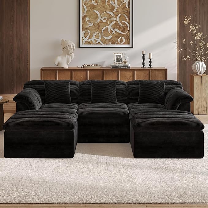 SUNG7 111.8" Modular Sofa with Ottoman, Boneless Cloud Couch with Deep Seat, Comfy U-Shape Corduroy Couches for Living Room, No Assembly Required, Black