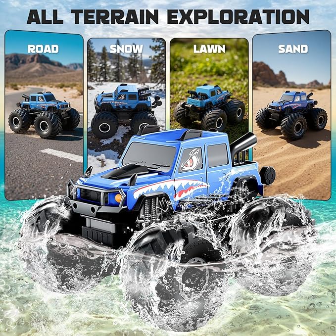 Amphibious Remote Control Trucks,2.4G 1:18 4WD All Terrain Off-Road Waterproof Monster RC Cars Pool Toys Hobby RC Vehicle Christmas Birthday Gifts for Kids Boys Girls 8 9 10 11 12+ Bule