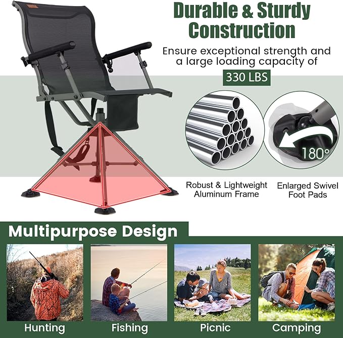 GYMAX Hunting Chair with Gun Rest, 360° Swivel Hunting Blind Chair w/Adjustable Height & Armrest, All-Terrain Duck Feet, Shoulder Strap, 330 LBS Folding Outdoor Ground Blind Seat