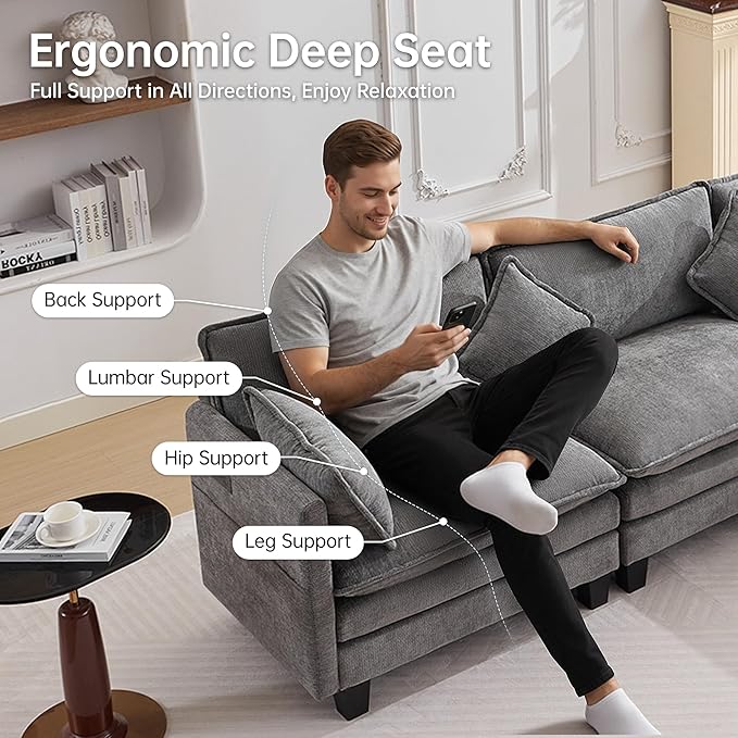 Opiesit 108" Modular Sectional Couches for Living Room with Ottoman, L Shaped Cloud Couch with Charger, USB & Type-c Port, Comfy 4 Seats Sofas with Deep Seat, Chenille Fabric, Darkgrey