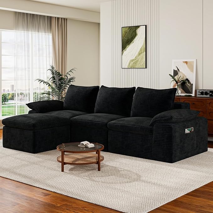 Buytime 104" Comfy Cloud Couch, Convertible Boneless Couches for Living Room, L Shaped Modular Sectional Sofa with Deep Seat, Double-Layer Cloud Cushion and Headrest, Black