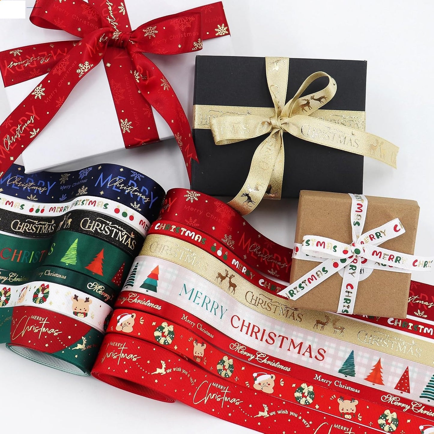 Christmas Gift Wrapping Ribbon, Red, Green, 2 Rolls Printed Grosgrain Ribbons for Crafts, Floral Bouquets, Sewing, Party and Festive Holiday Decor (2 Rolls(Green/Red), 1 Rolls=3/8in * 10Yards)
