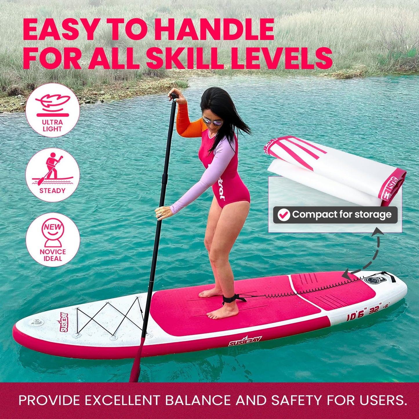 SUSIEBAY Inflatable Stand Up Paddle Board, Pink Paddle Board for Adult & Youth with sup Accessories, Wide Stance for All Levels, Traveling Board, SUP Board,Non-Slip Deck, Double Action Pump