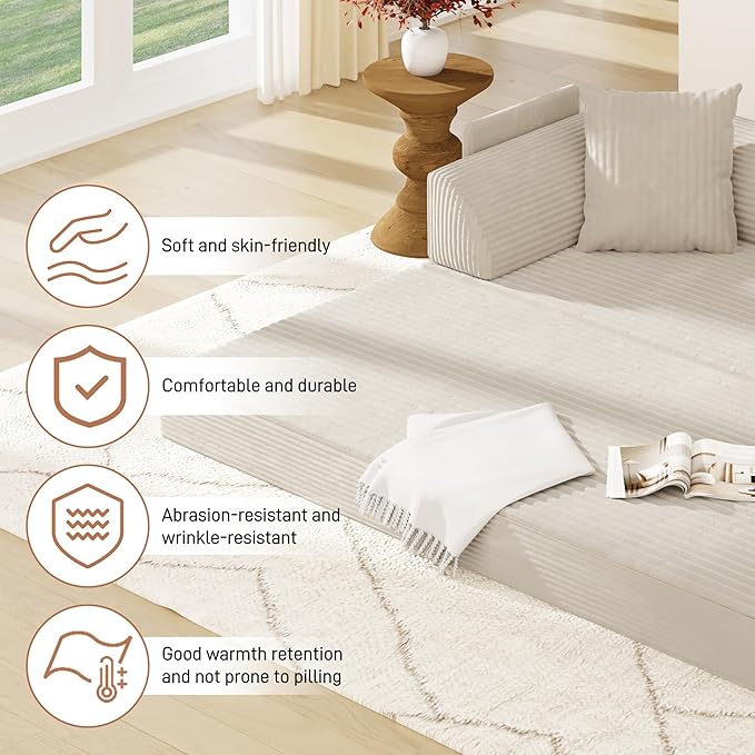 Folding Convertible Sofa Bed with 3 Pillows, 79 " Corduroy Boneless Couch with Armrest Pockets, Lounge Loveseat Sleeper with Pull Out Bed, Memory Foam Compressed Sofa for Living Room Bedroom, Beige