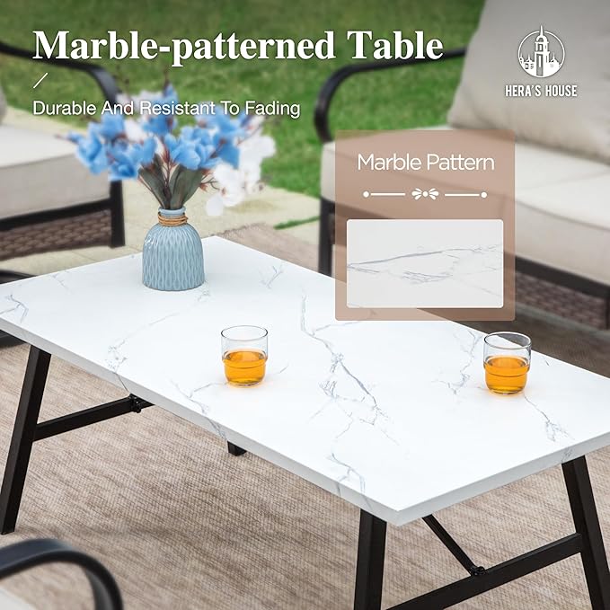 HERA'S HOUSE 4 Piece Metal Patio Furniture Set, All Weather Outdoor Conversation Set with 3 Seat Sofa, 2 Rocking Chairs & Coffee Table, Seats 5 for Backyard, Garden, Deck, Beige