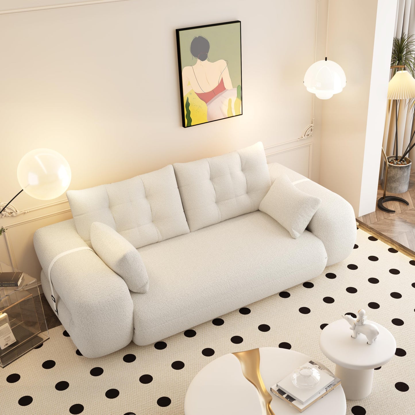 Ball & Cast Multi-Functional Foldable Sofa Bed with High-Density Foam,Teddy Fabric Upholstered Couch W/4 Pillows,Convertible Sleeper Sofas Bed,Living Room Furniture for Bedroom,Apartment,Beige,79"