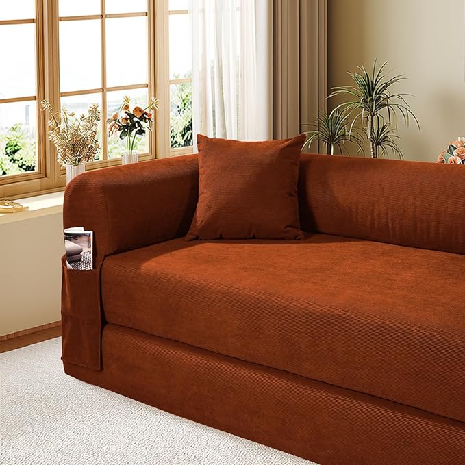 GJQ Convertible Futon Sofa Bed,80" Folding Pull Out Couch Bed with Storage,Queen Sleeper Sofa Bed,Compressed Couch in a Box,Corduroy Boneless Couches for Living Room,Orange