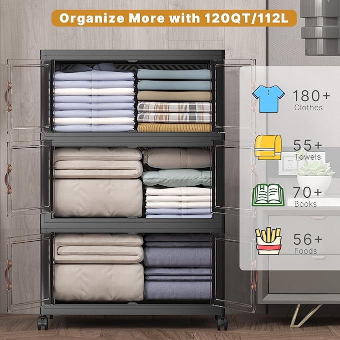 360Qt Stackable Storage Bins with Lids, 3 Pack Large Collapsible Bins with Wheels, Plastic Cabinet with Doors, Foldable Closet Organizers and Storage for Home, Dorm, Office, Black