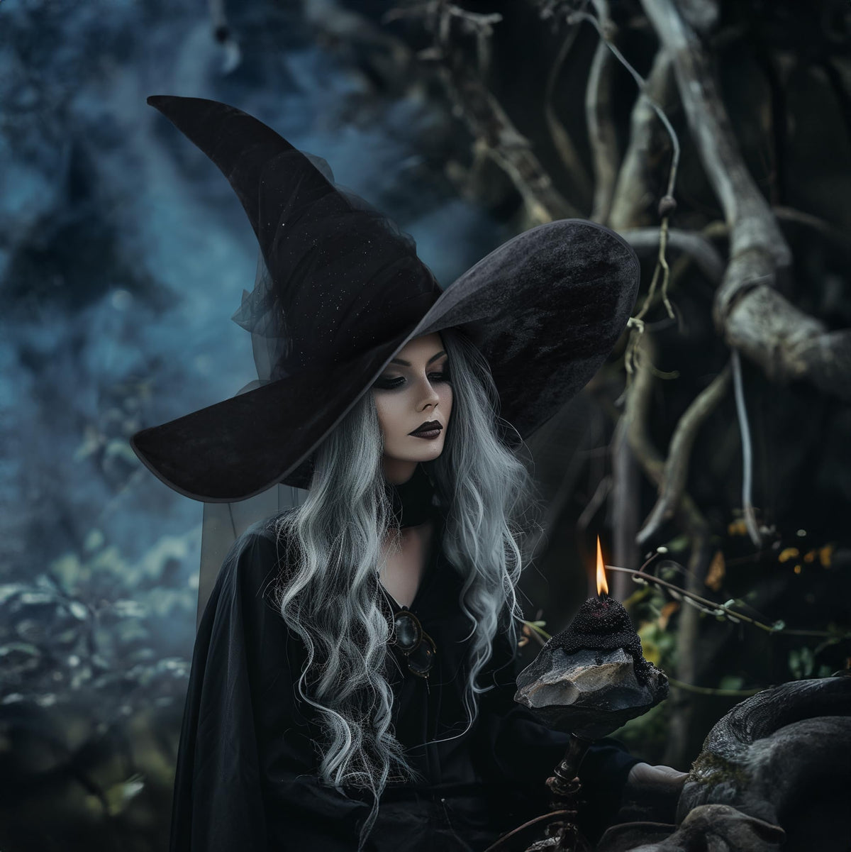 JEGERMIG Women's Black Masquerade Ruched Witch Hat Oversized Witches Velvet Hats Wide Brim Party Halloween Accessory