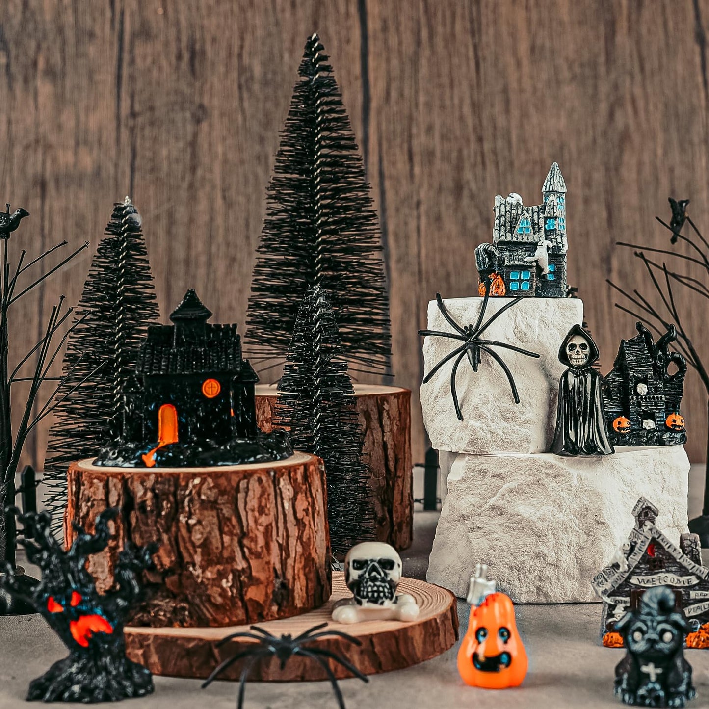 YLOLUL 30 Pcs Halloween Village Ornaments Accessories Figurines Town Miniatures Include Trees Pumpkins Black Dog Crows Skeletons Houses Wizard Bat for Halloween Village & Party Table Decorations