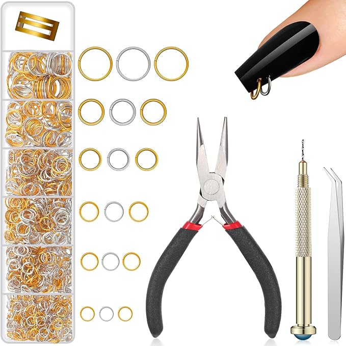1014 Pieces Nail Dangle Charm Piercing Tool Hand Drill, Nail Charms 6 Sizes Jump Ring Connector with Jump Ring Open Close Tool Pliers and Tweezers for Jewelry Making(Gold, Silver)