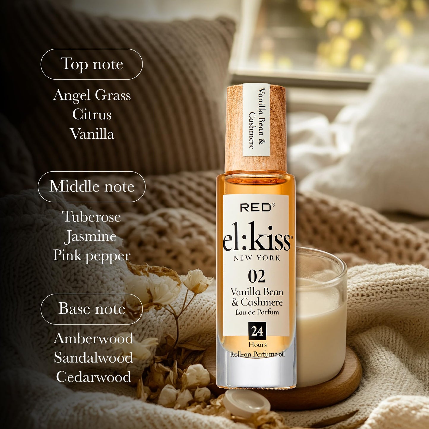 EL:KISS Roll On Perfume, Vanilla Bean & Cashmere Eau de Parfum 12mL (.40 Fl Oz), Hydrating & Long-Lasting, Alcohol-Free & Mineral Oil-Free, Infused with Jojoba, Argan & Coconut Oil