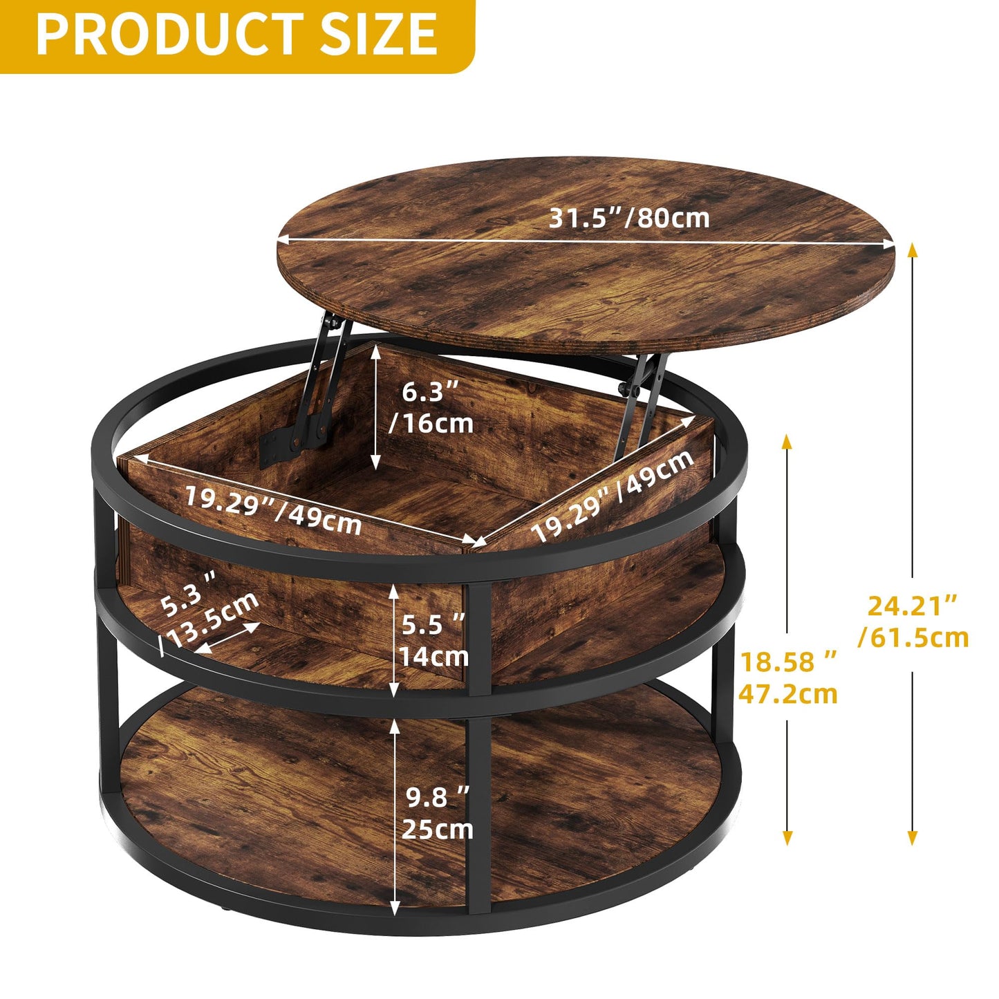 DWVO Round Lift Top Coffee Tables for Living Room, Circle Coffee Table with Storage & Hidden Compartment, Farmhouse Wood Coffee Tables with Lifting up Living Room for Home Office Samll Table, Brown