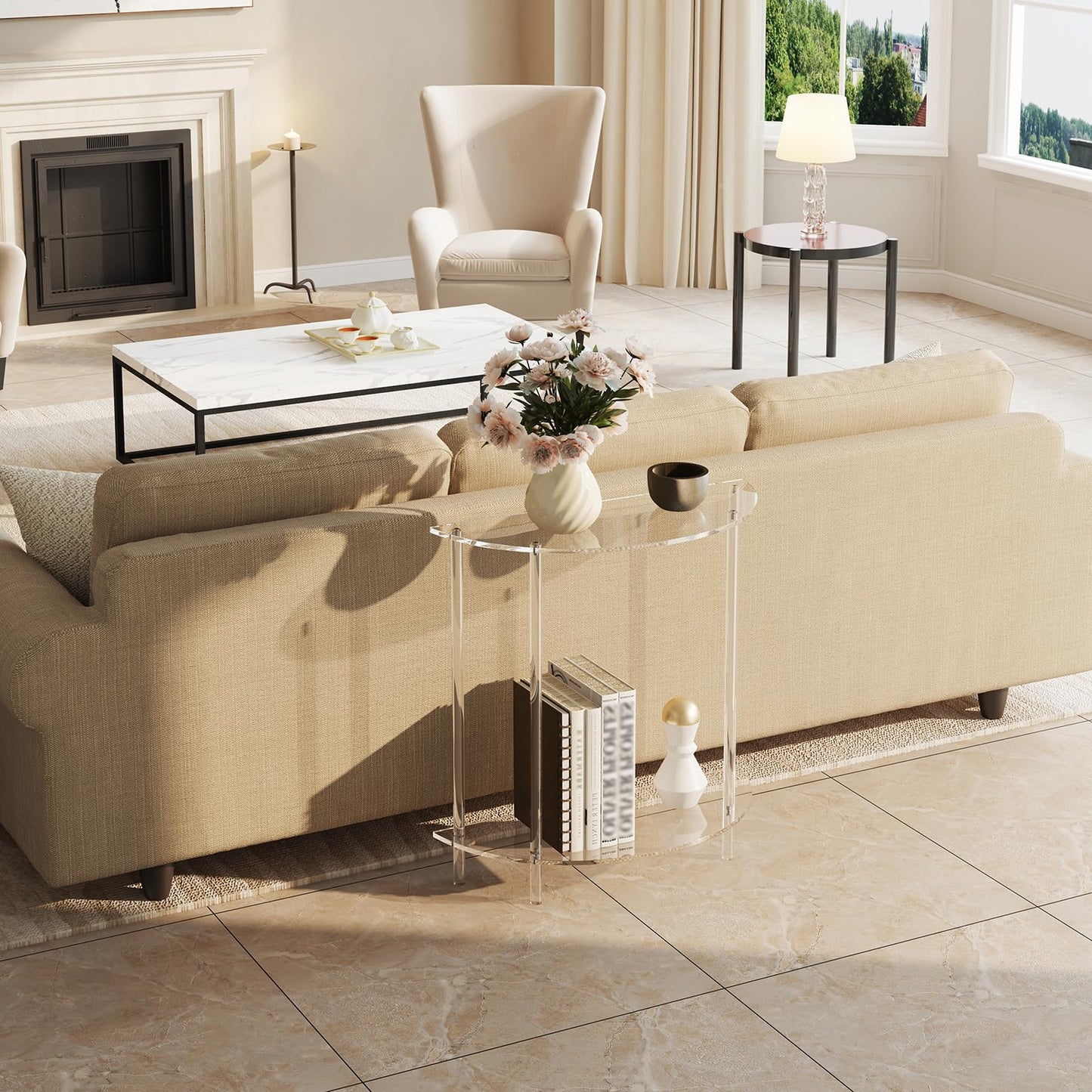 DOHWSK Acrylic Console Table, 2-Tier Half Moon Sofa Couch Table with Storage Shelf, 29.53" Narrow Entryway Table for Bedroom, Living Room, Foyer, Hallway (Clear)