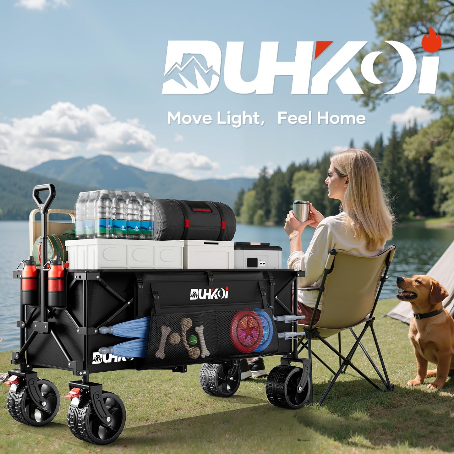 DUHKOI 49" L Collapsible Foldable Extended Wagon with 500lbs Weight Capacity,300L Heavy Duty Beach Cart,Large Utility Wagon with Cup Holders,Cart for Sports,Outdoors,Grocery,Shopping,Black