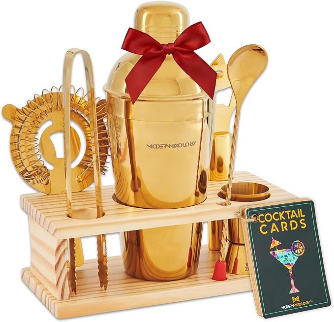Modern Mixology Cocktail Shaker Set - 8 Piece Bartender Kit on Quality Pine Stand | Complete Cocktail Kit Gift Set | Top B...
