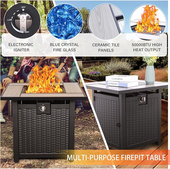 WAROOM Patio Furniture Set 4 Piece Wicker Conversation Sets PE Rattan Chair Outdoor Couch Sectional Sofa with 30" Fire Pit Table, Peacock Blue Cushion