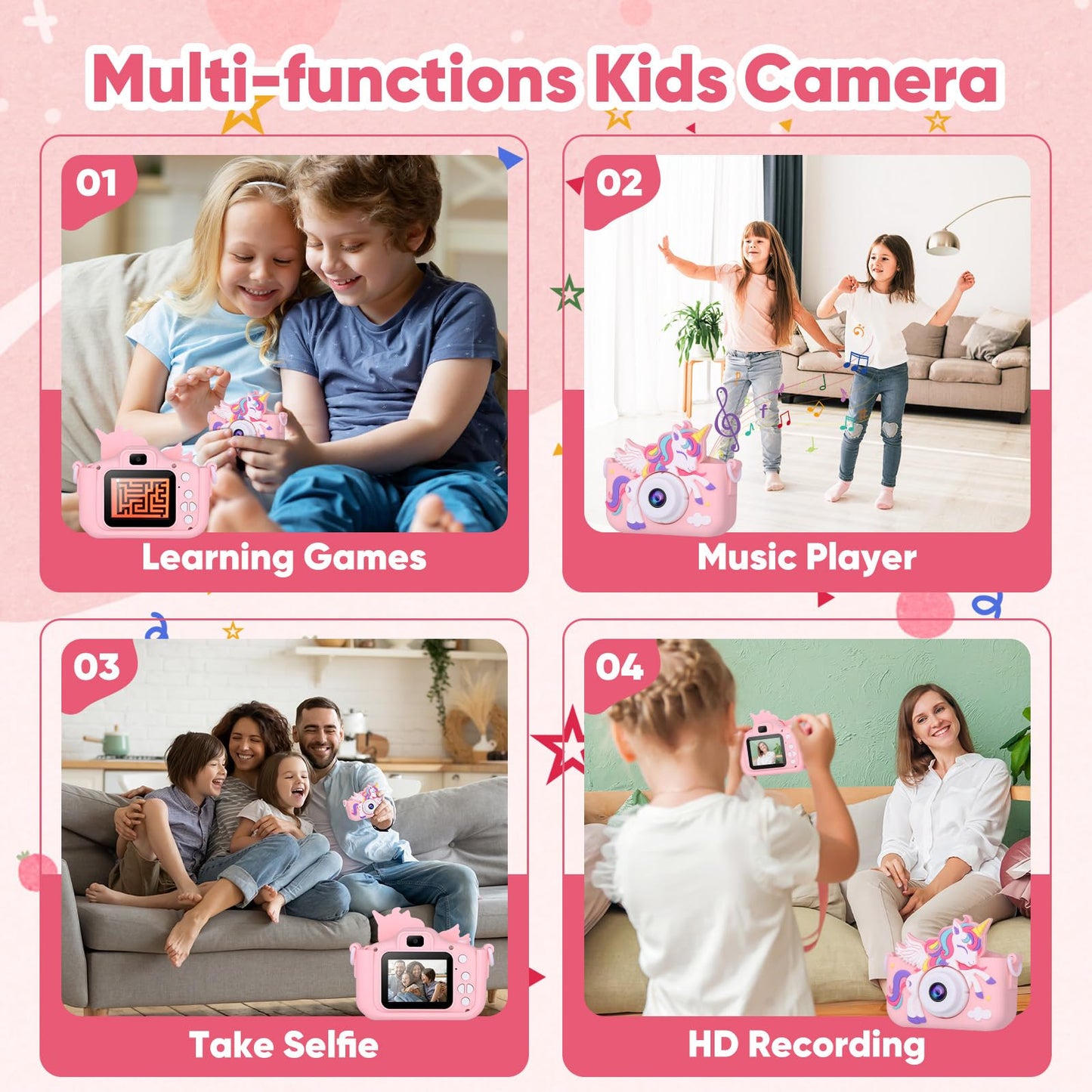 VisionX Unicorn Kids Digital Camera, Birthday Christmas Kids Toy Gifts for 5 6 7 8 9 10 Year Old Girls, 1080P HD Selfie Kids Camera Toys with 32GB Card