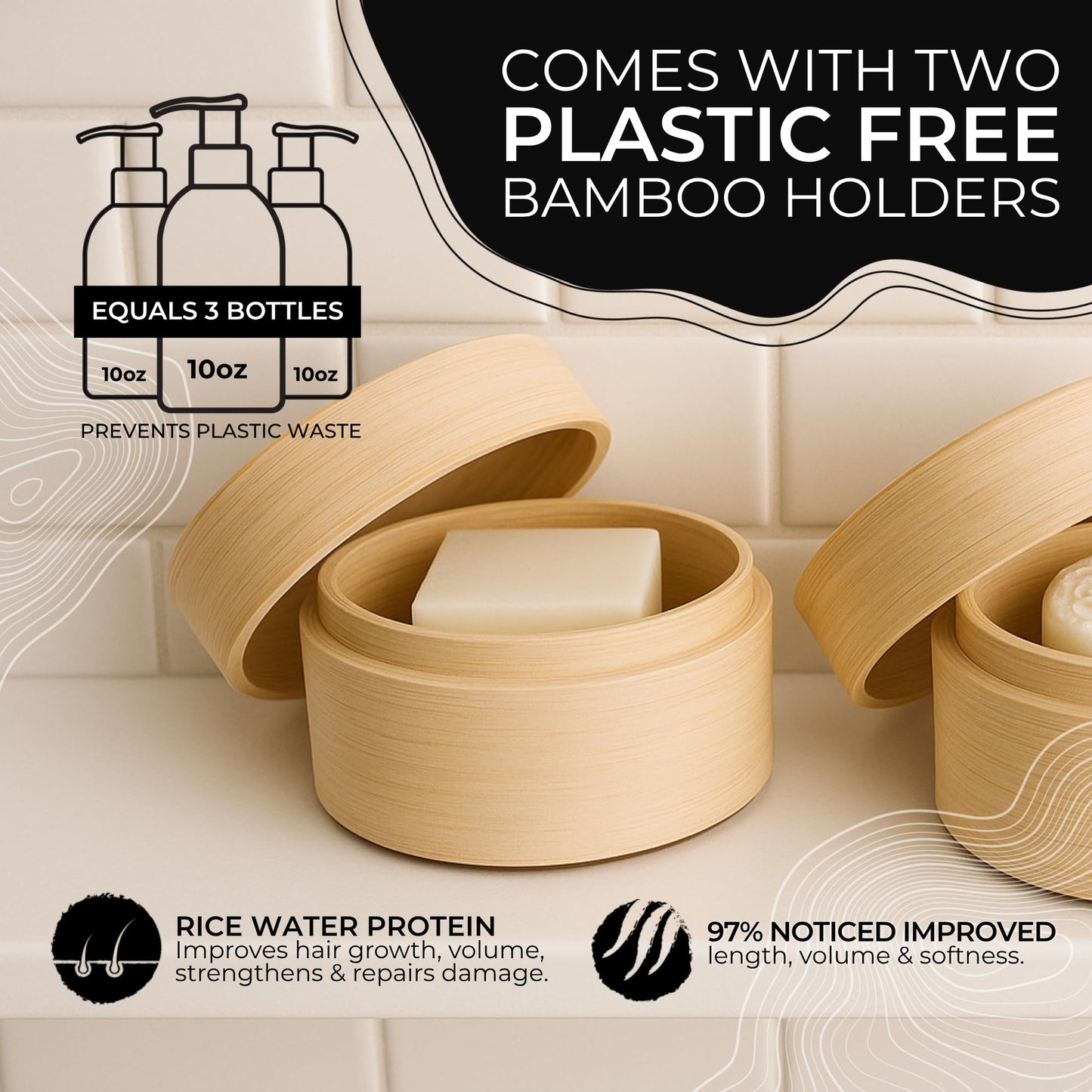 Viori Hidden Waterfall Shampoo and Conditioner Bar Set and Bamboo Holder - Made with Rice Water for Hair Growth - Handcrafted Su