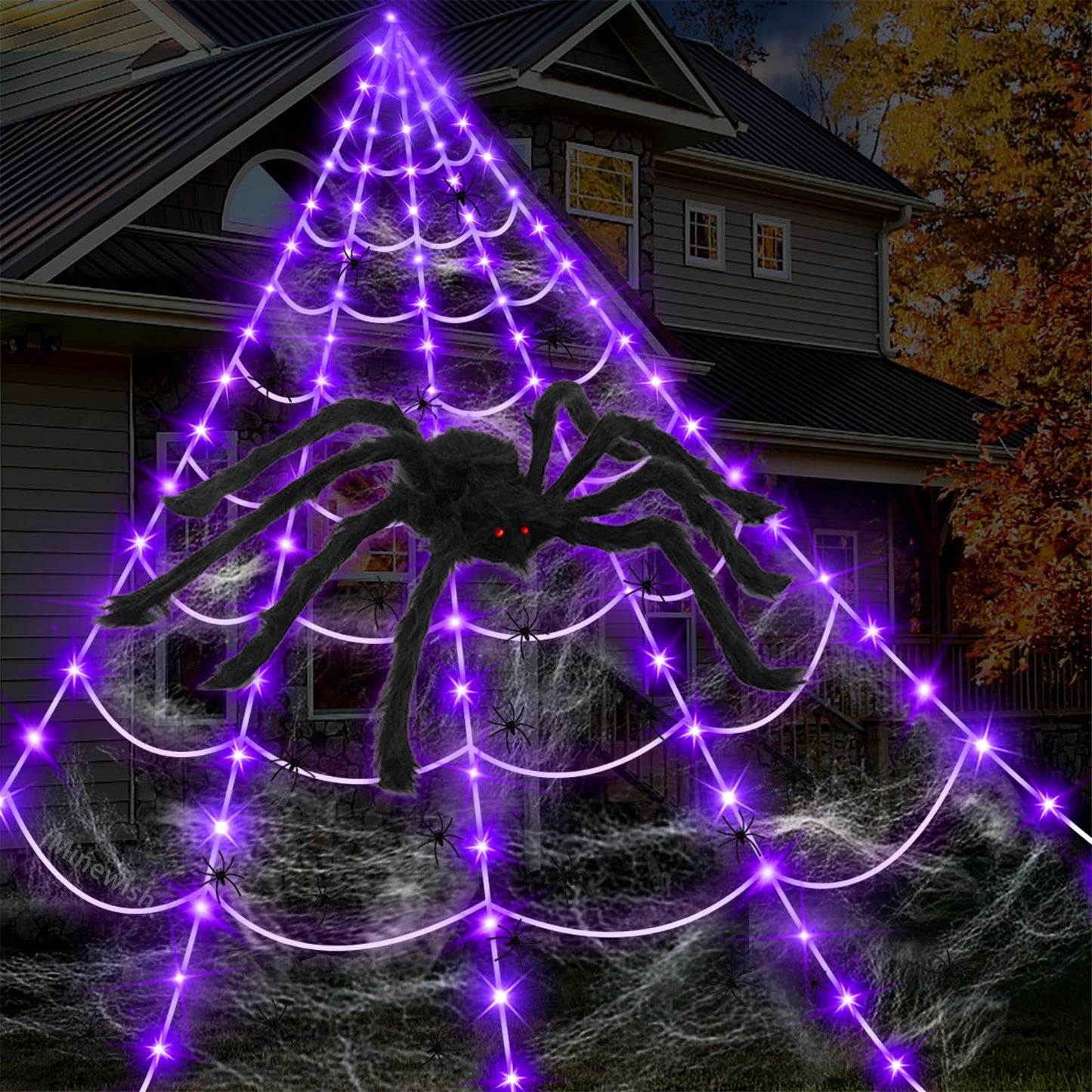 Spider Web Lights Halloween Decorations Outdoor, 135 Purple LED Light Up 16.4Ft Giant Spiderweb & 6.5Ft Large Spider & 22 Small Spiders & 20g Stretch Cobweb, 8 Modes Lighted Decor for Yard Outside
