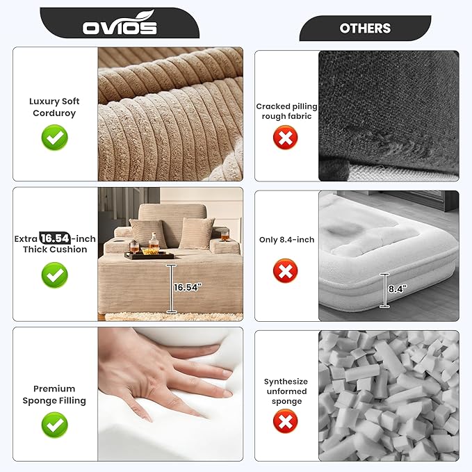 ovios 67'' Chaise Lounge Chair Indoor, Oversized Upholstered Sofa Bed with Cup Holders, Sleeper Couch Reading Chairs Fluffy Plush Corduroy Cloud Sofas Couches Living Room, Camel