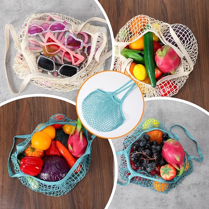 2 Pack Reusable Mesh Grocery Bags, Washable Cotton String Shopping Bag Long Handle Cotton Mesh Produce Bag for Fruit Vegetables Farmers Market